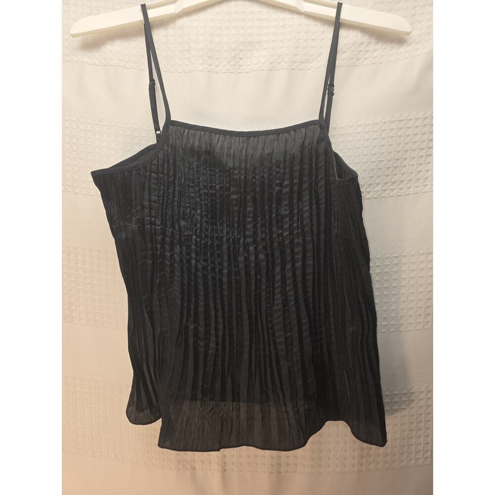 A New Day Blouse Womens Size Small Satin Black Pleated Cami Square Neck 6341